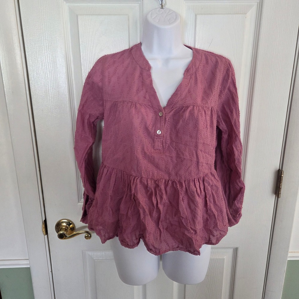 Dolan Left Coast Collection Pink Clip Dot Tiered Peplum Top XS Boho Long Sleeve